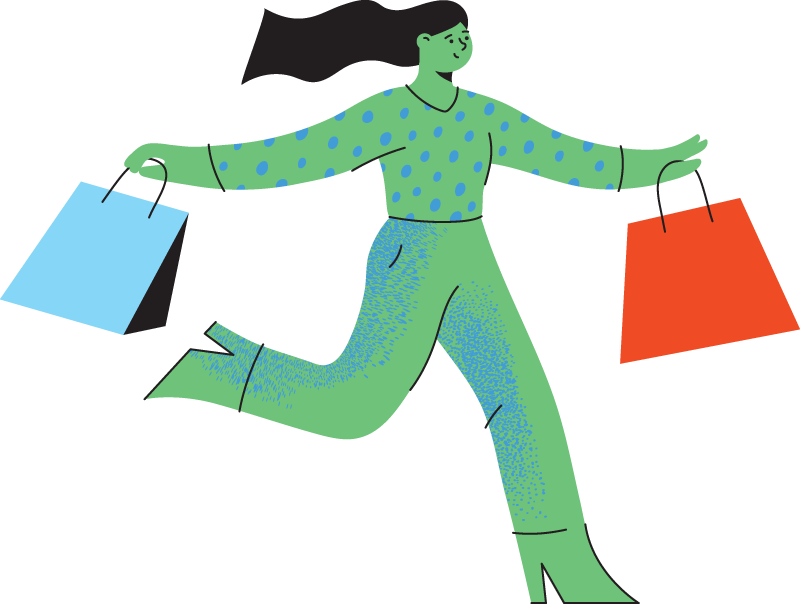 Illustration of a person running, holding two shopping bags