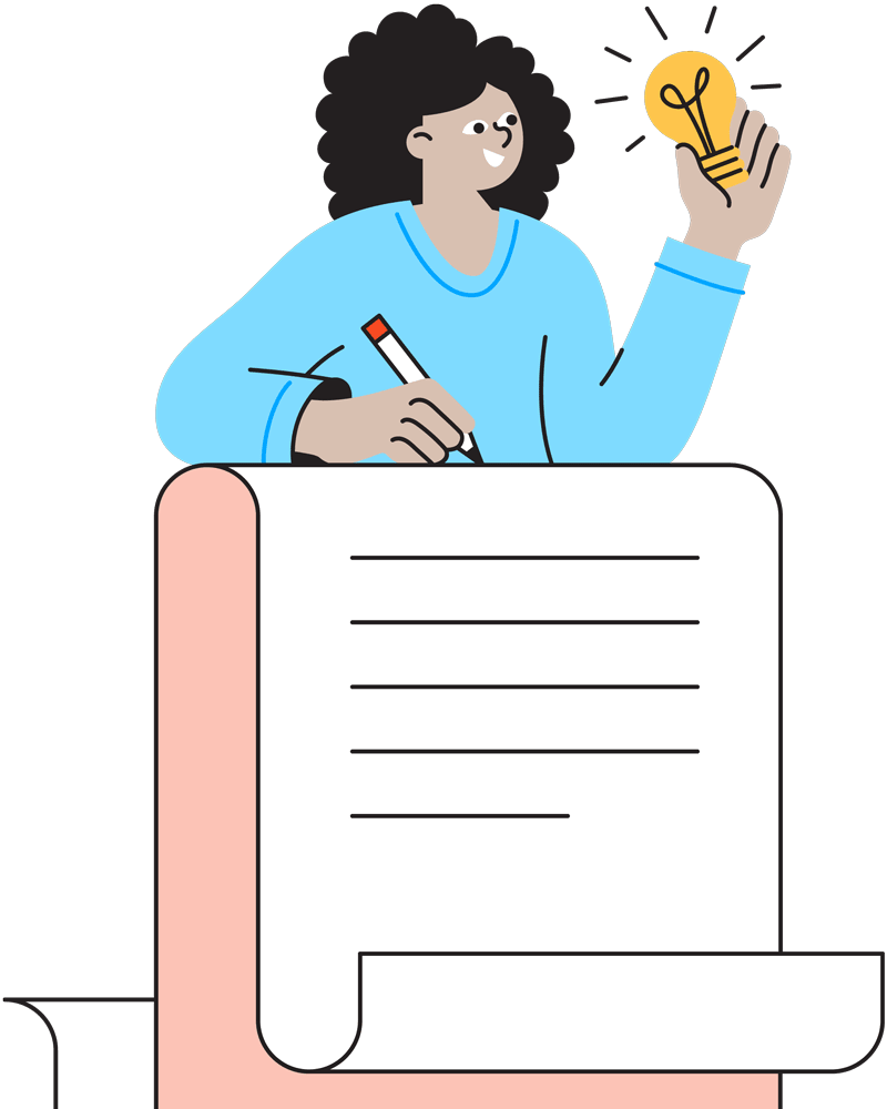Illustration of smiling woman holding a lightbulb. The woman is standing on top of a giant lined notepad.