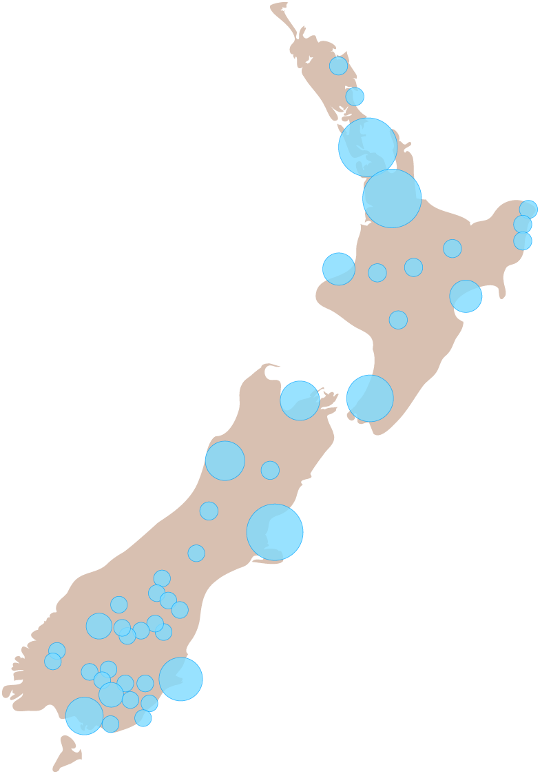 A map of New Zealand, with circles overlaid to show locations of Boost Members