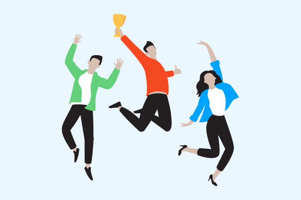 Illustration of three employees jumping in joy