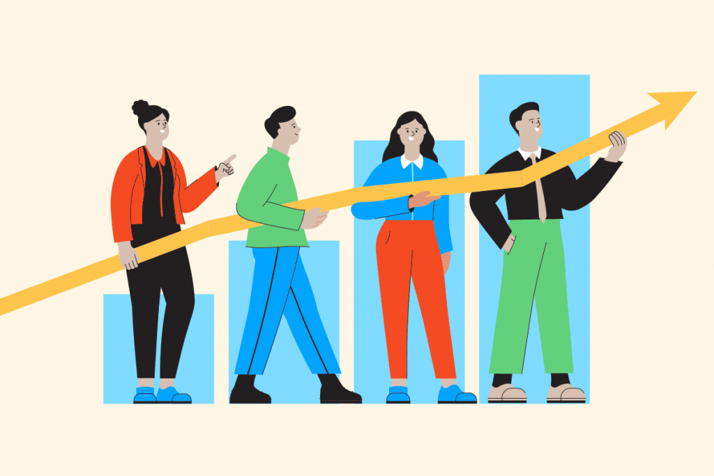 Illustration of four employees holding a large arrow that is trending upward