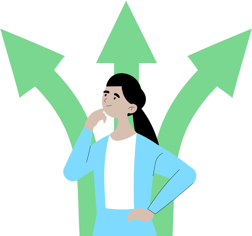 Illustration of an employee standing in front of three large green upward-pointing arrows