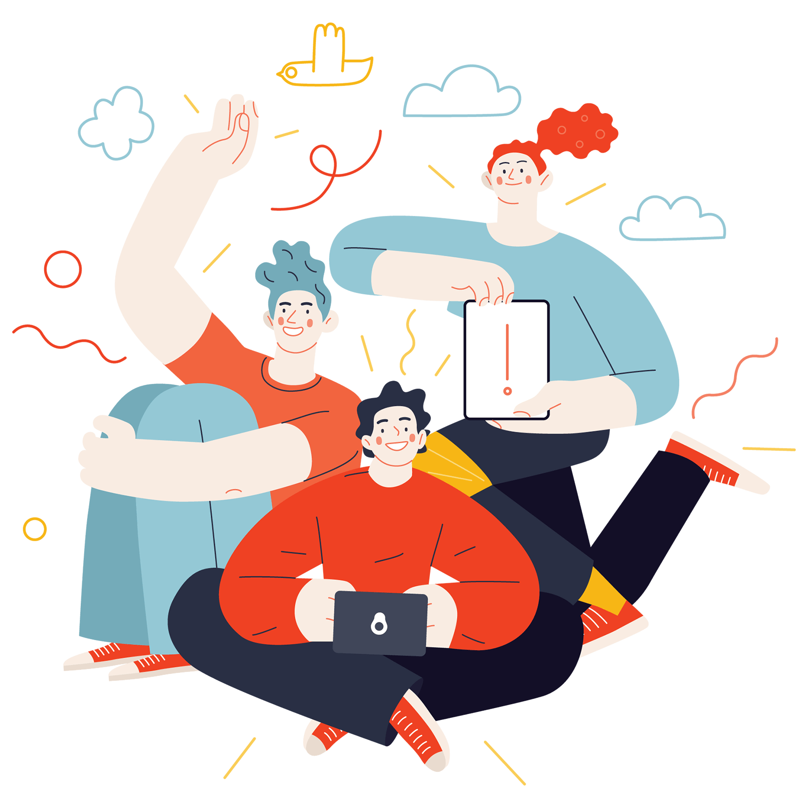 Illustration of a happy team of workers, some using devices
